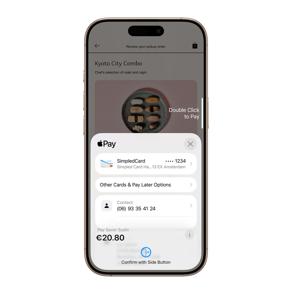 SimpledCard’s Apple Pay payment screen on an iPhone, with payment confirmation via the side button