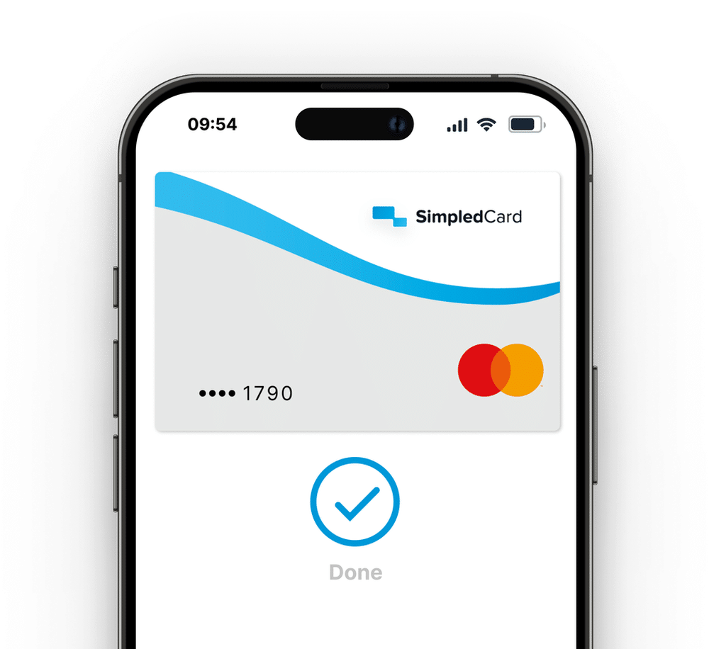 SimpledCard payment card in Apple Wallet on an iPhone with a confirmed Apple Pay payment